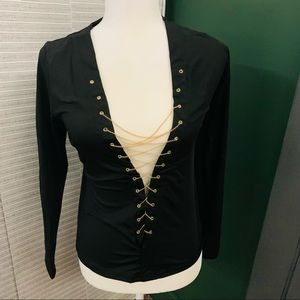 Ealey lace rhinestone lace up front collared long sleeve top